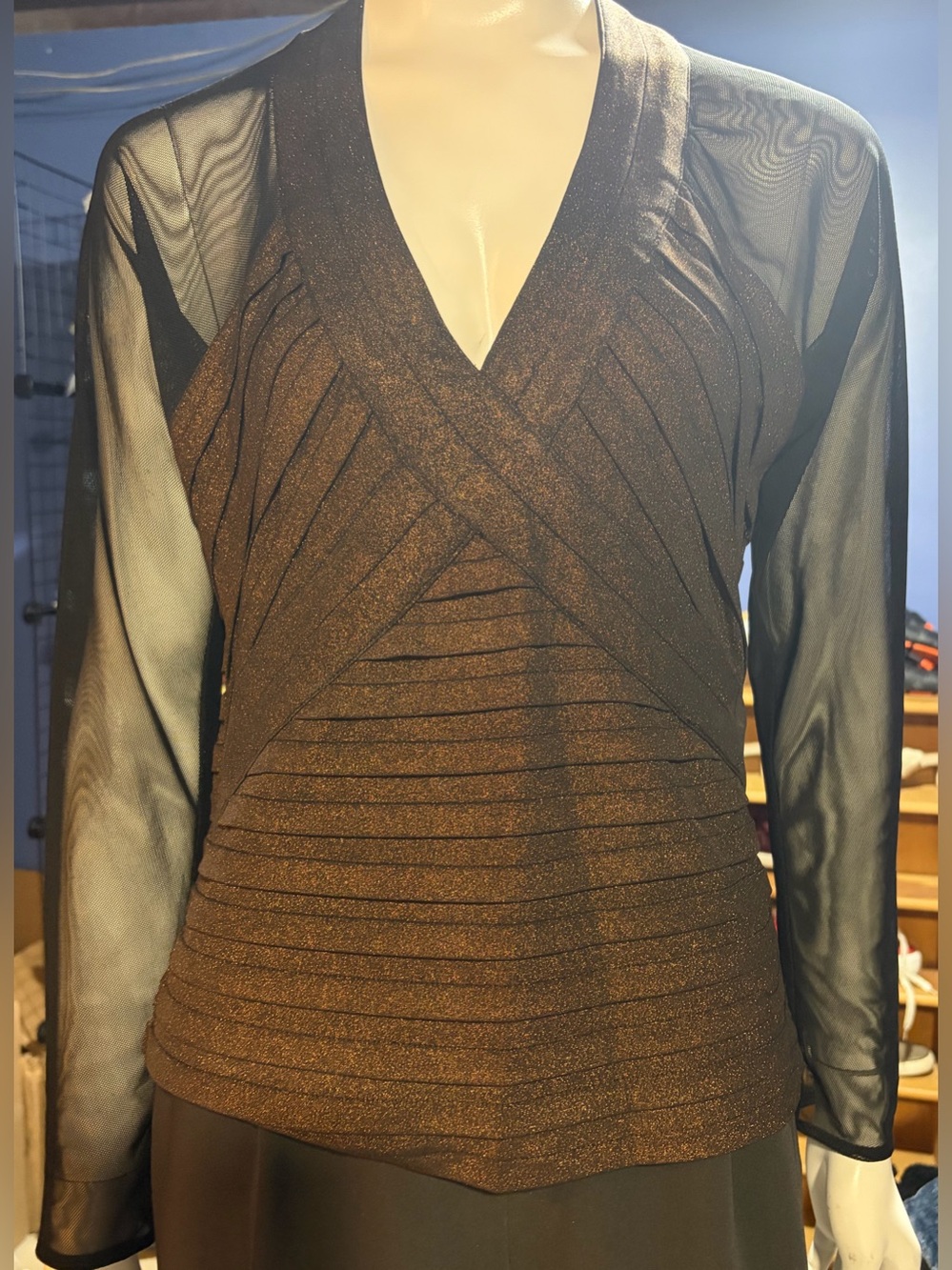 EXPO Boutique Women's Copper Shimmer V Neck w Black Sheer Long Sleeves  Stunner!